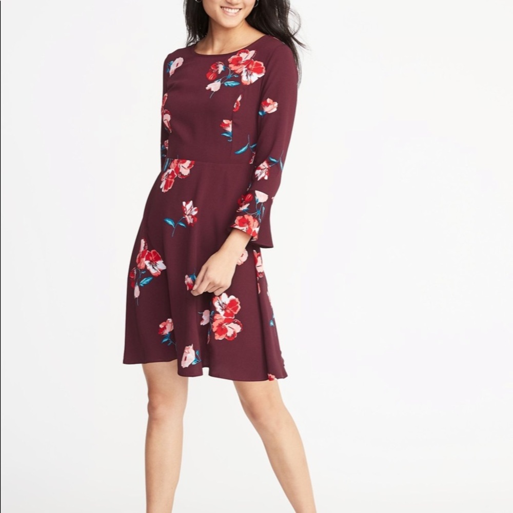 Old Navy Flute Floral Dress Burgundy Large Tall